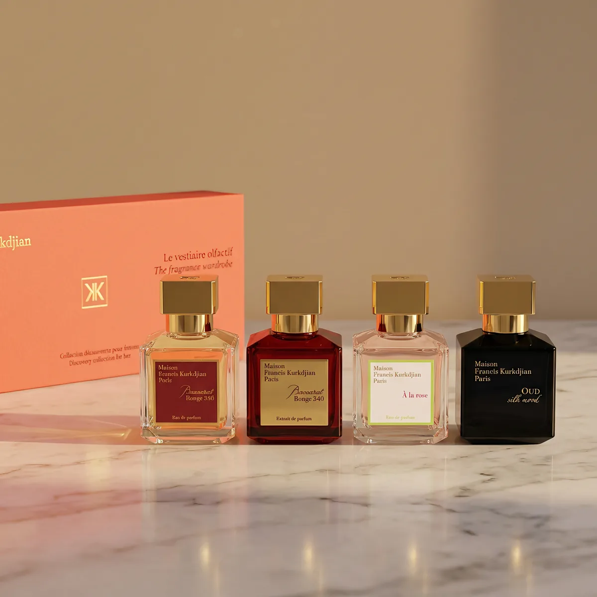 Zestaw czterech perfum w czerwonym pudełku